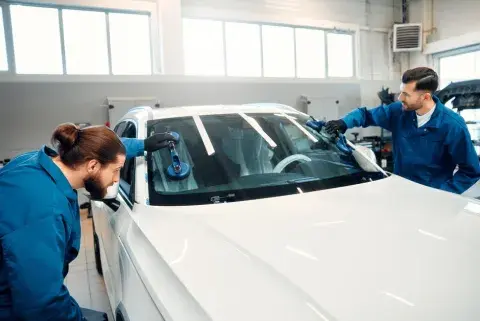 Zwei Mechaniker montieren eine neue Windschutzscheibe an einem weißen Auto