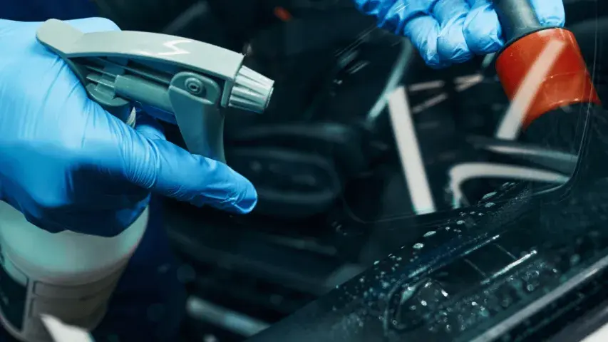 Innenreinigung eines Autos mit Reinigungsmittel und Dampfreiniger